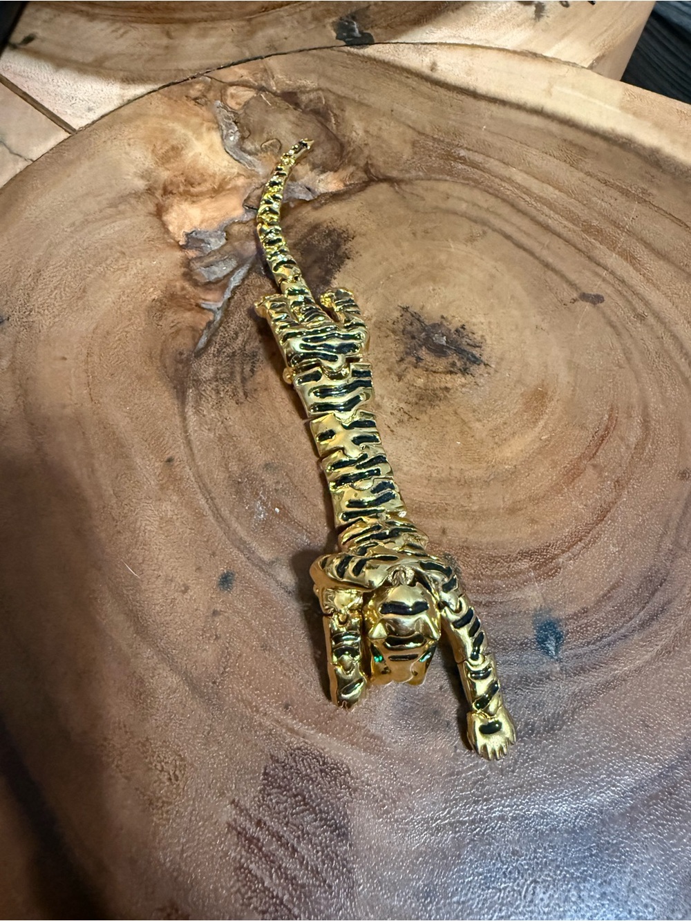 Vintage Articulated Gold Tone Tiger Brooch with Green Eyes